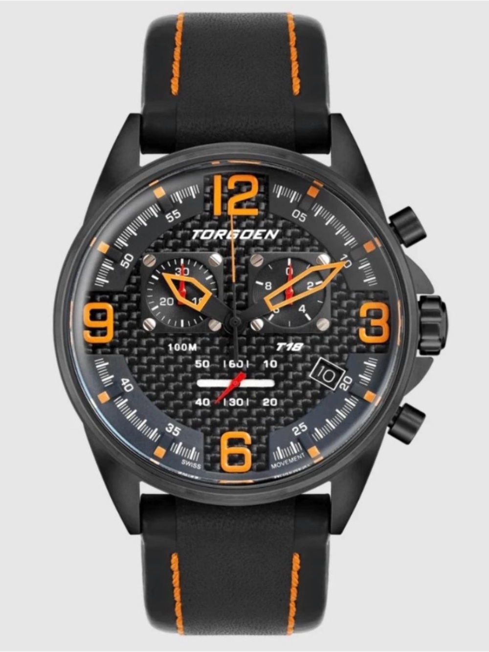 Torgoen Men’s 45mm Black Leather Strap Watch NIB